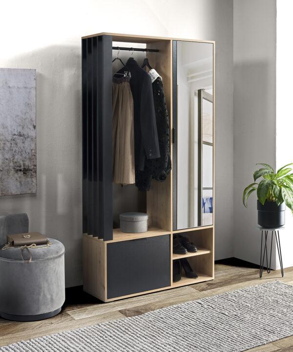 GARDEROBA LAMELE z lustrem DĄB ARTISAN + CZARNY