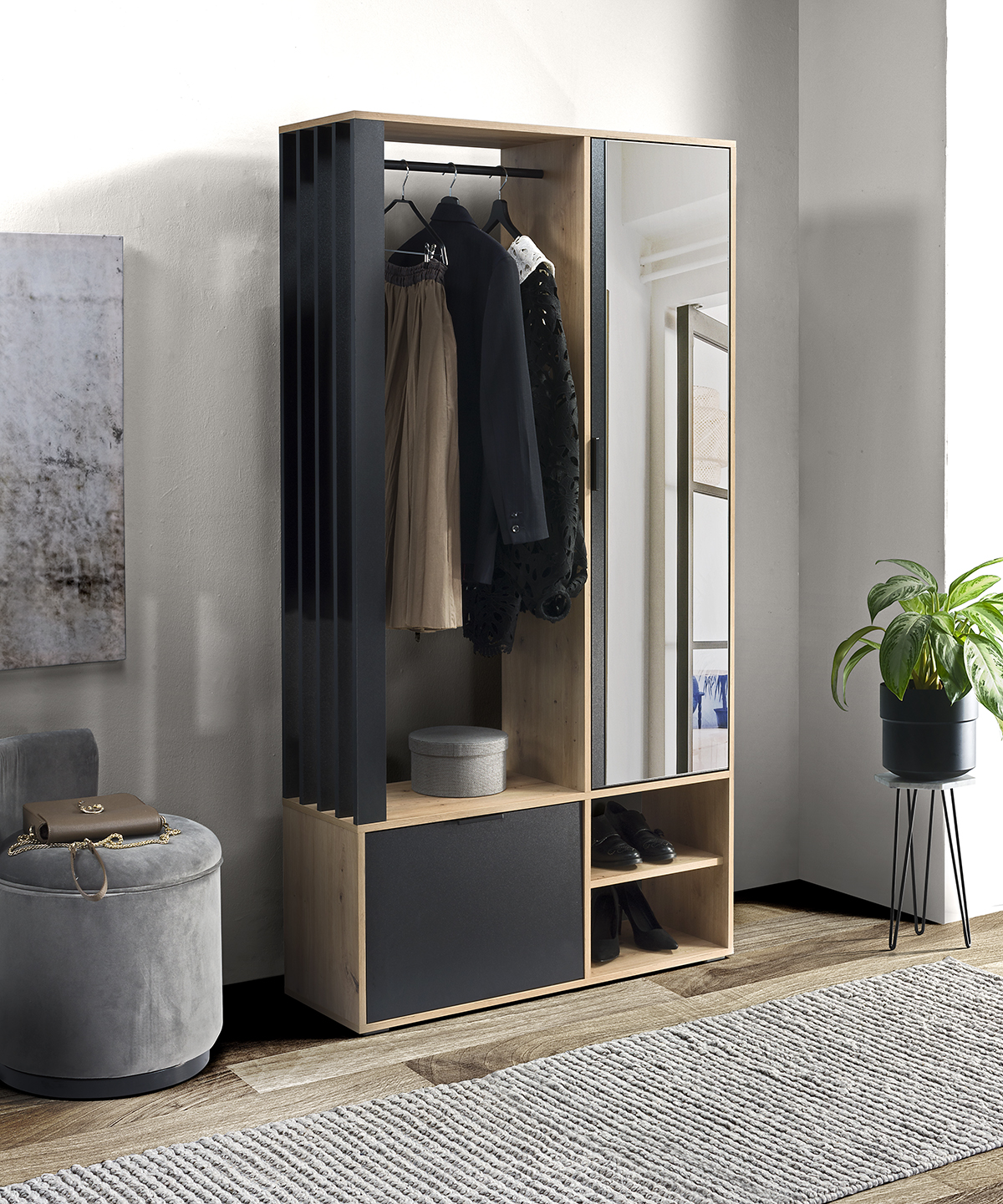 GARDEROBA LAMELE z lustrem DĄB ARTISAN + CZARNY