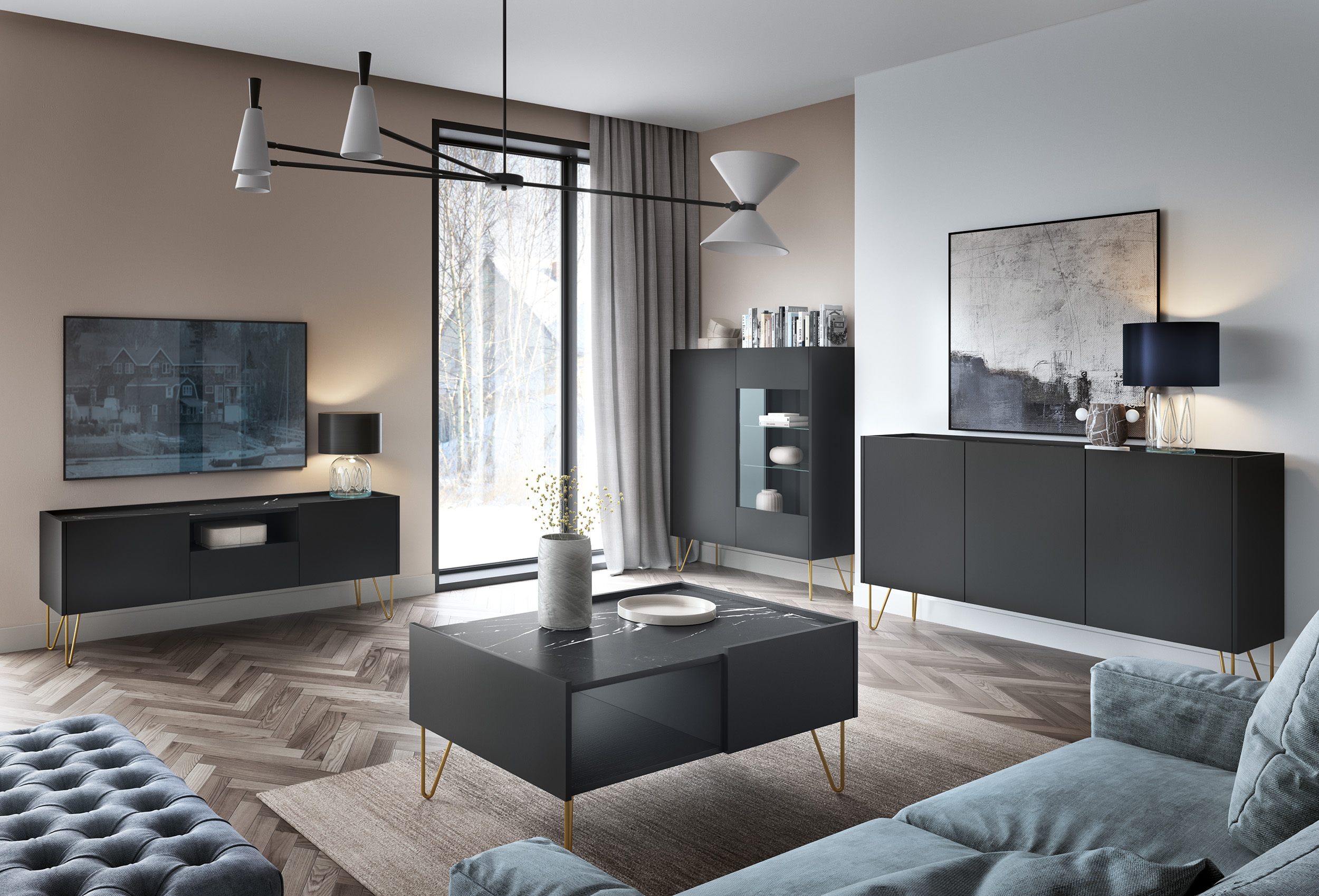 ZESTAW MEBLI do salonu metalowe złote nogi HARMONY