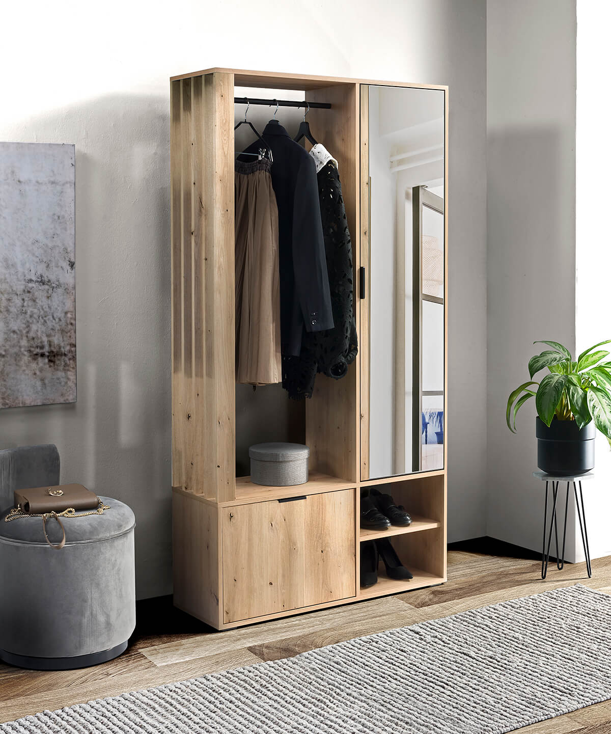 GARDEROBA LAMELE z lustrem DĄB ARTISAN