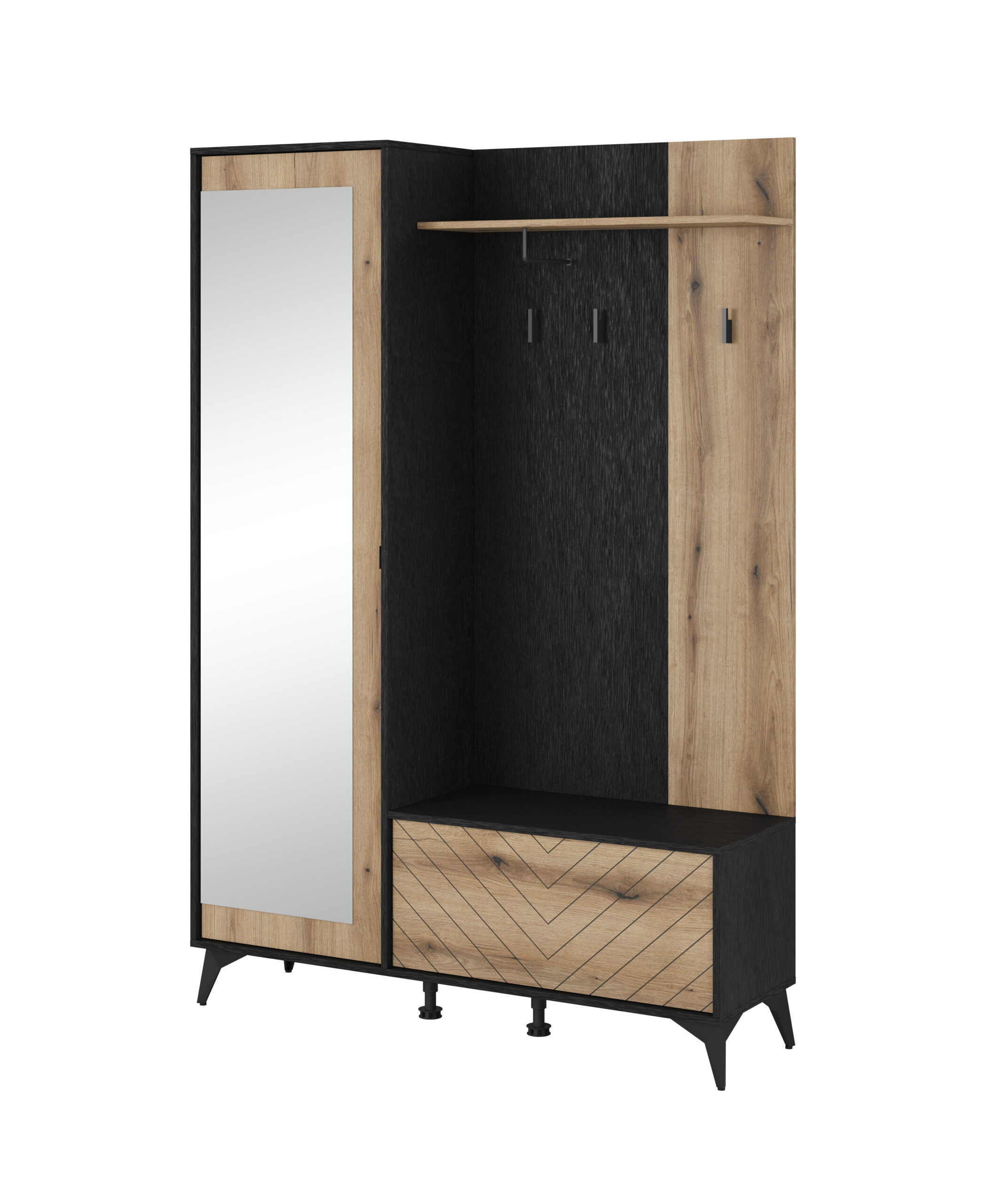 GARDEROBA 134 cm front jodełka CZARNY + DĄB EVOKE