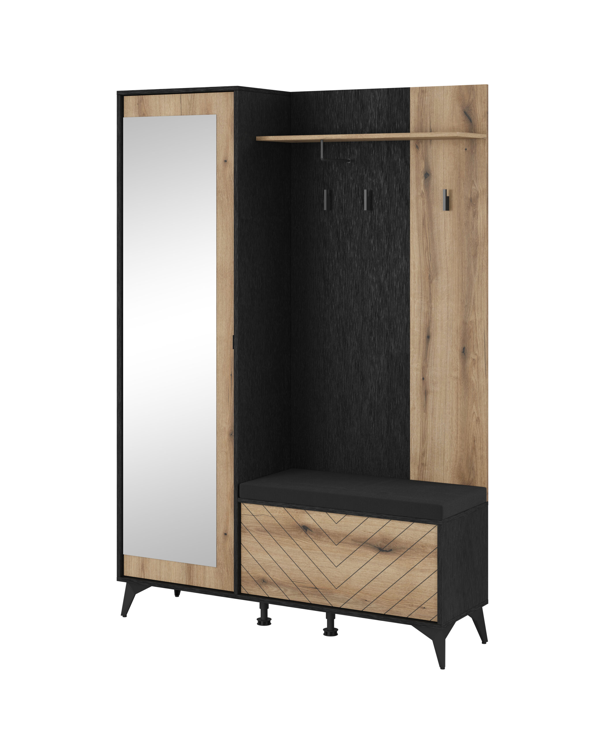 GARDEROBA 134 cm front jodełka CZARNY + DĄB EVOKE