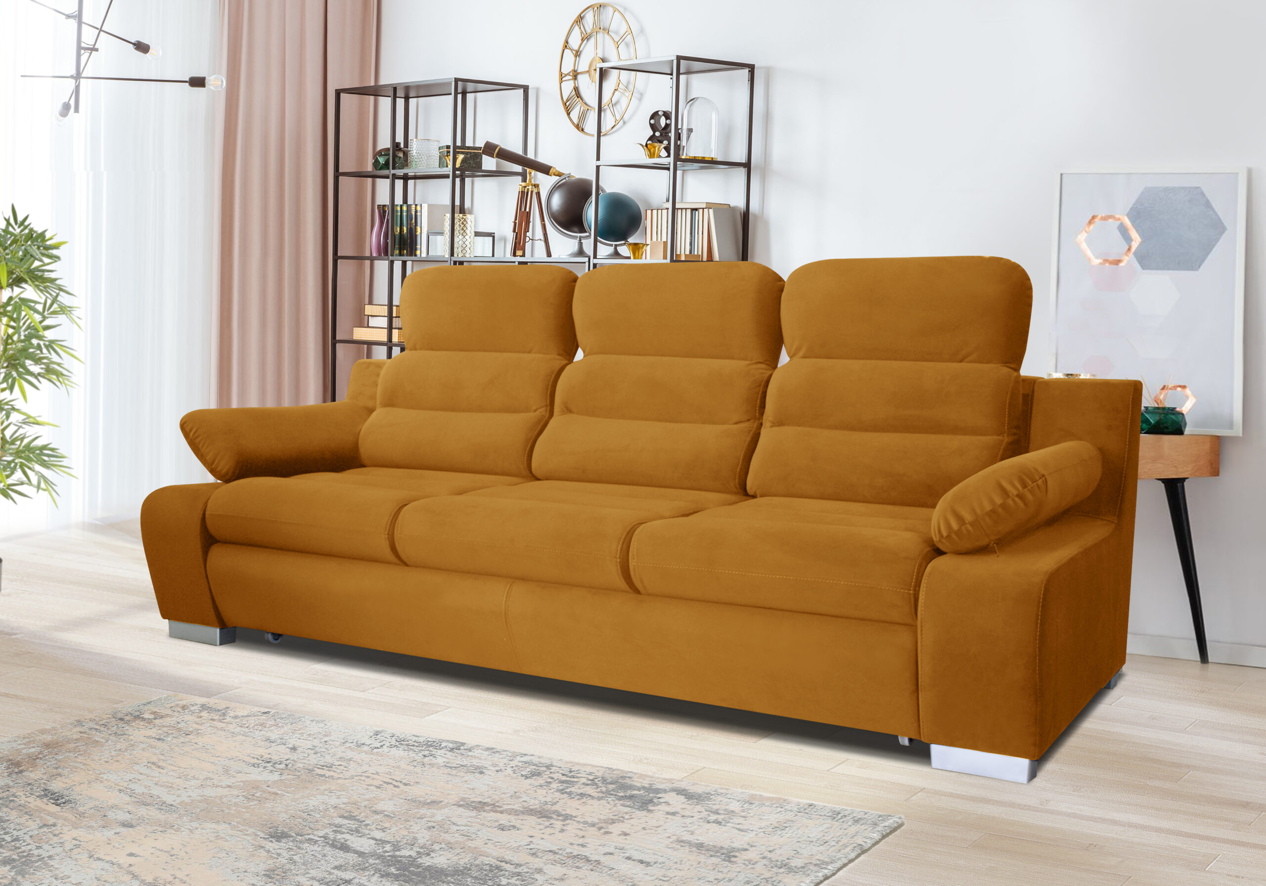 KANAPA SOFA rozkładana regulowane zagłówki musztardowy/miodowy
