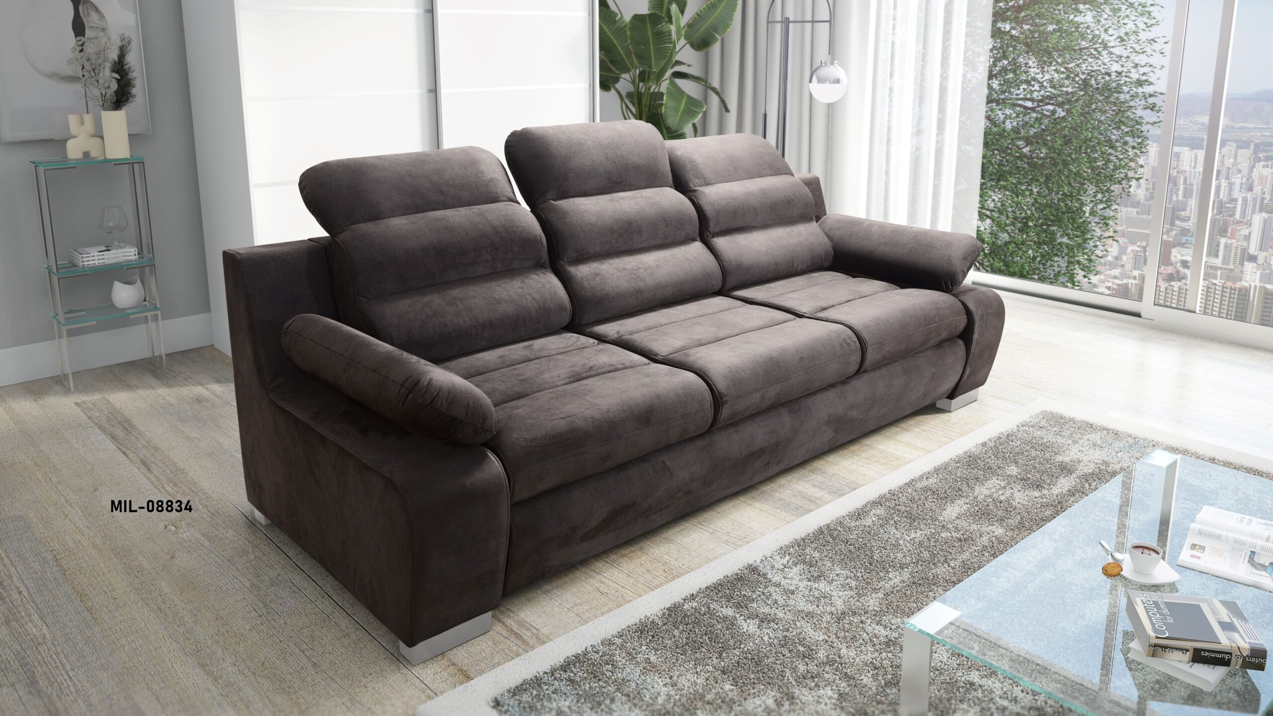 KANAPA SOFA trzyosobowa ROZKAŁADANA regulowane zagłówki tkanina WATERPROOF SZARY KANAPA SOFA trzyosobowa ROZKAŁADANA regulowane zagłówki tkanina WATERPROOF SZARY