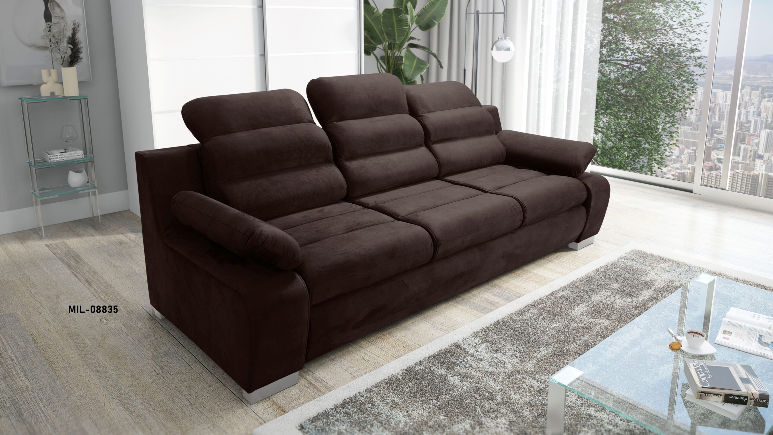 KANAPA SOFA trzyosobowa ROZKAŁADANA regulowane zagłówki tkanina WATERPROOF SZARY