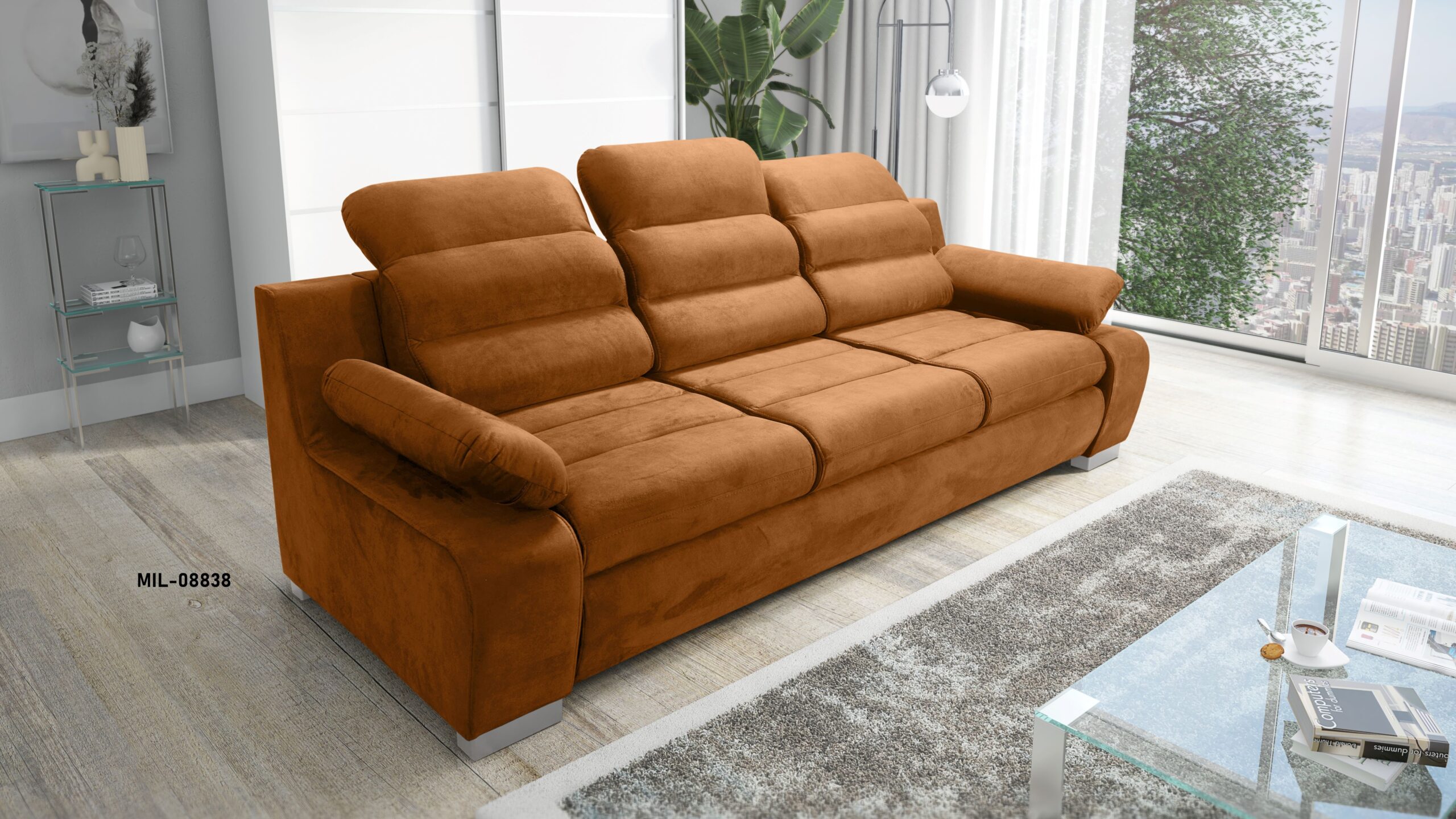 KANAPA SOFA trzyosobowa ROZKAŁADANA regulowane zagłówki tkanina WATERPROOF SZARY