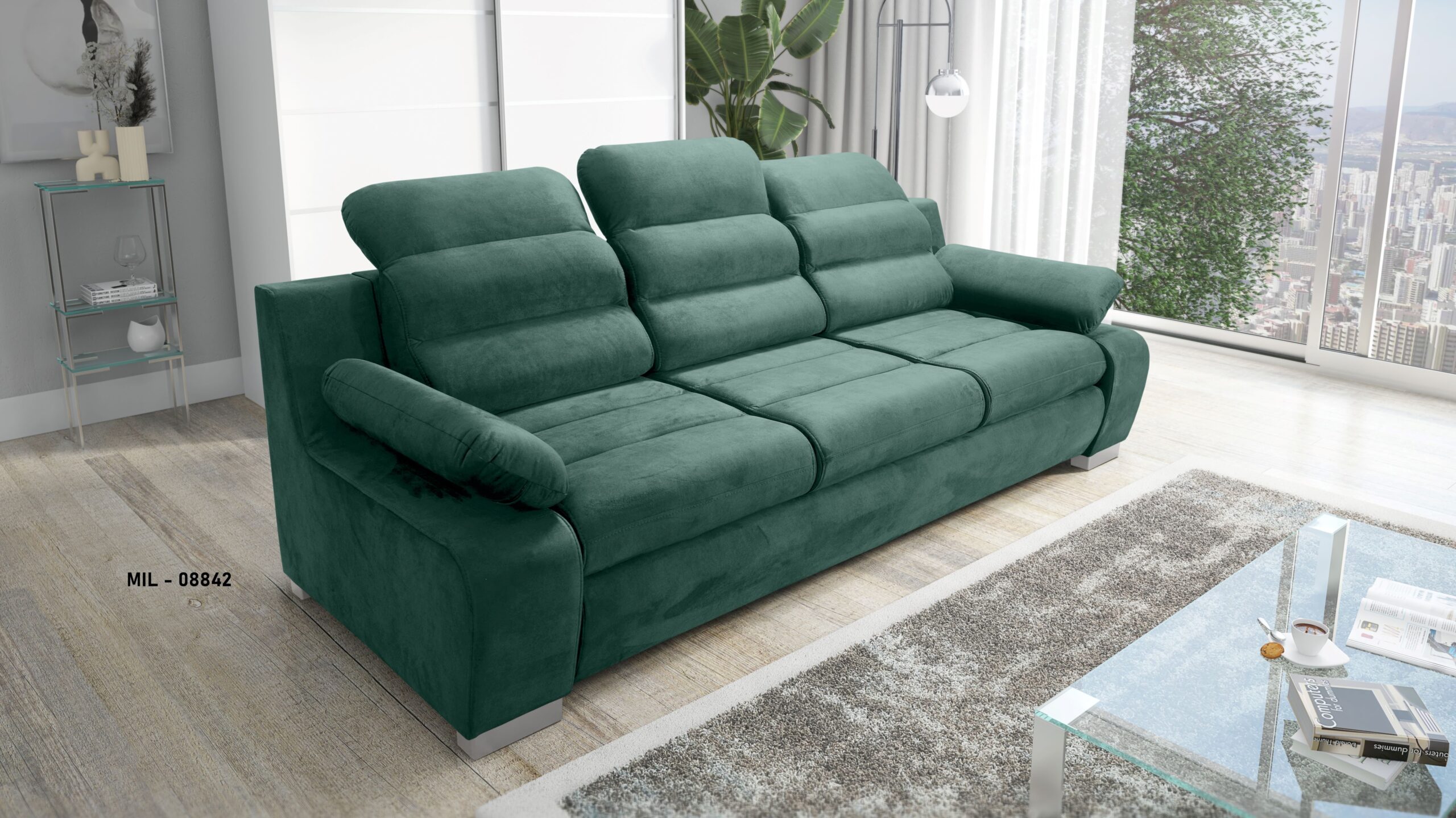 KANAPA SOFA trzyosobowa ROZKAŁADANA regulowane zagłówki tkanina WATERPROOF SZARY