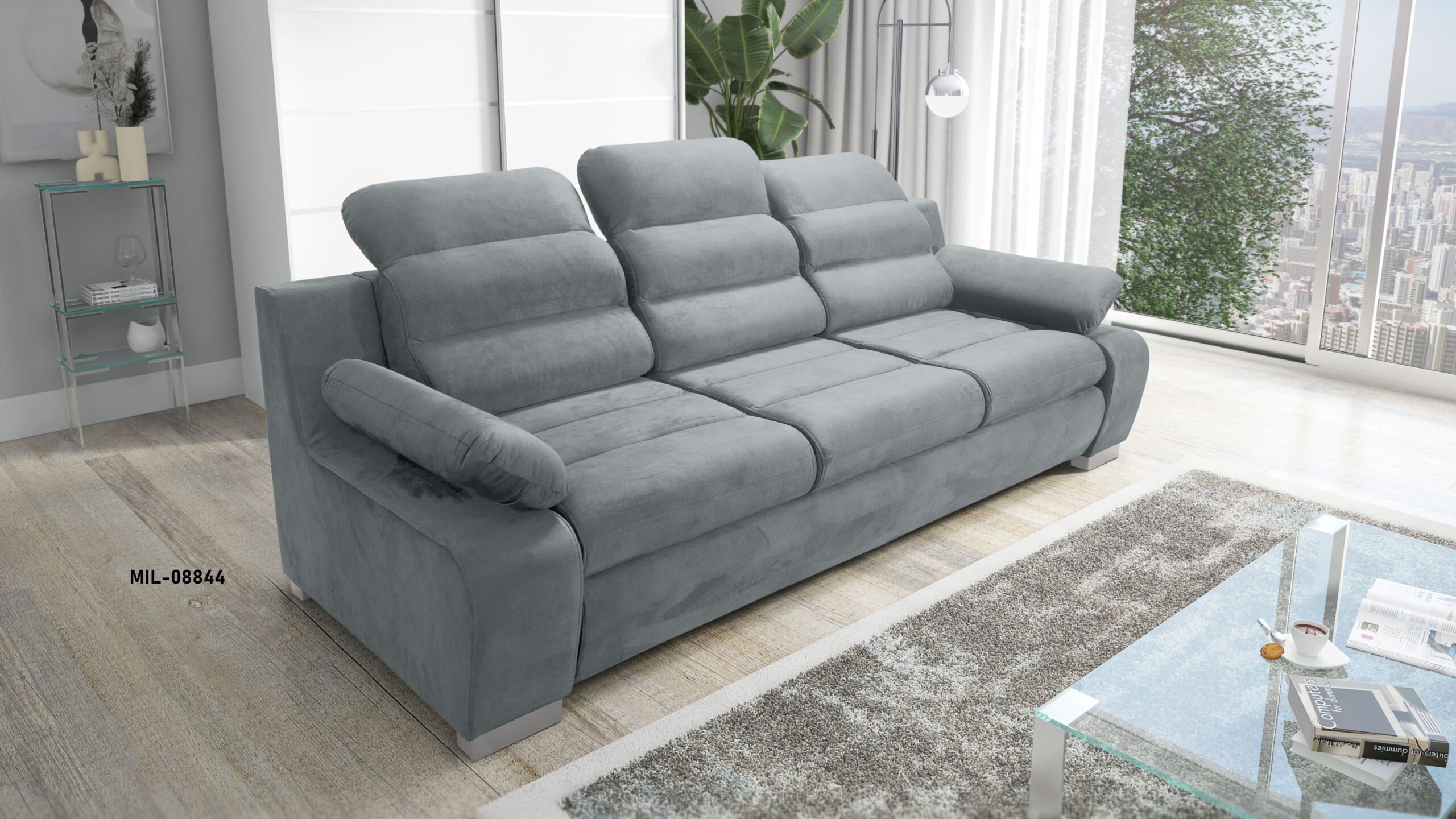 KANAPA SOFA trzyosobowa ROZKAŁADANA regulowane zagłówki tkanina WATERPROOF SZARY