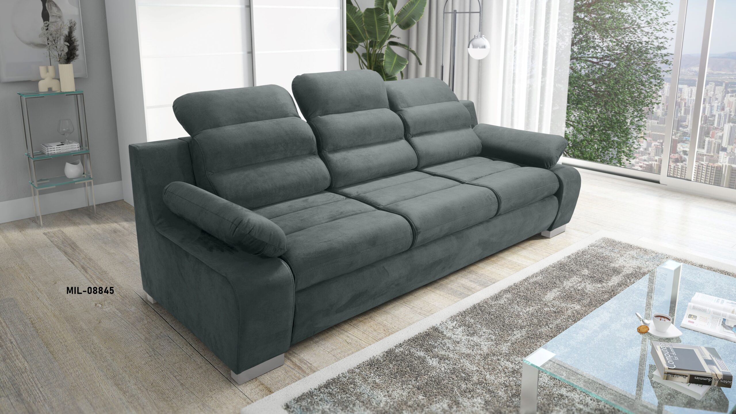 KANAPA SOFA trzyosobowa ROZKAŁADANA regulowane zagłówki tkanina WATERPROOF SZARY KANAPA SOFA trzyosobowa ROZKAŁADANA regulowane zagłówki tkanina WATERPROOF SZARY