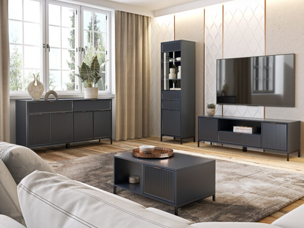 ZESTAW nowoczesnych mebli do salonu ryflowane fronty INDIGO + CZARNE NOGI