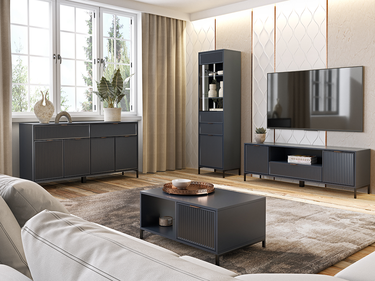 ZESTAW nowoczesnych mebli do salonu ryflowane fronty INDIGO + CZARNE NOGI