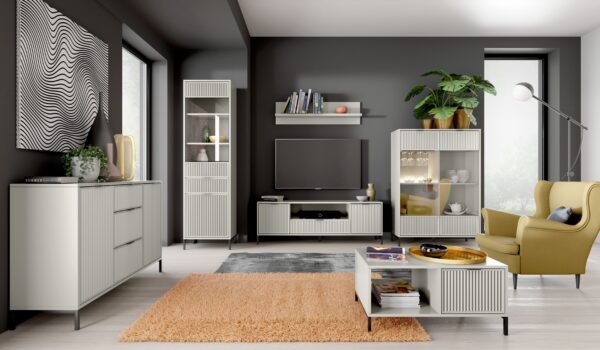 ZESTAW nowoczesnych mebli do salonu ryflowane fronty KASZMIR + CZARNE NOGI