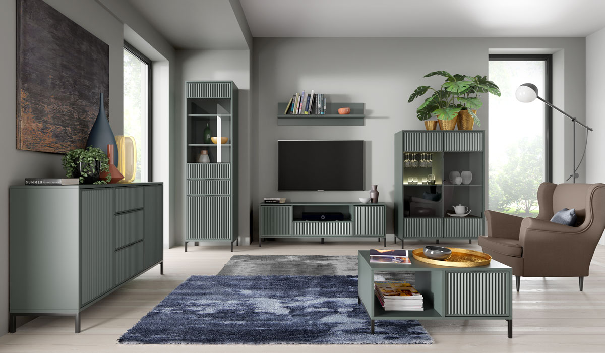ZESTAW nowoczesnych mebli do salonu STONE GREEN + CZARNE NOGI