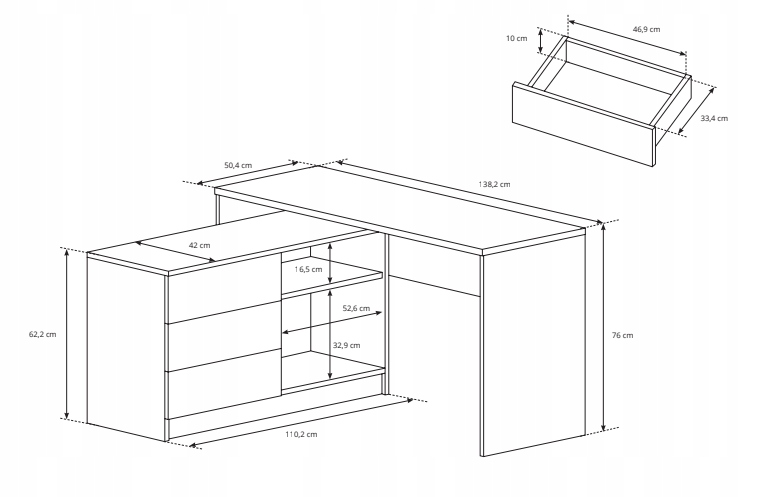 BIURKO uniwersalne 138 cm z szufladami GRAFIT
